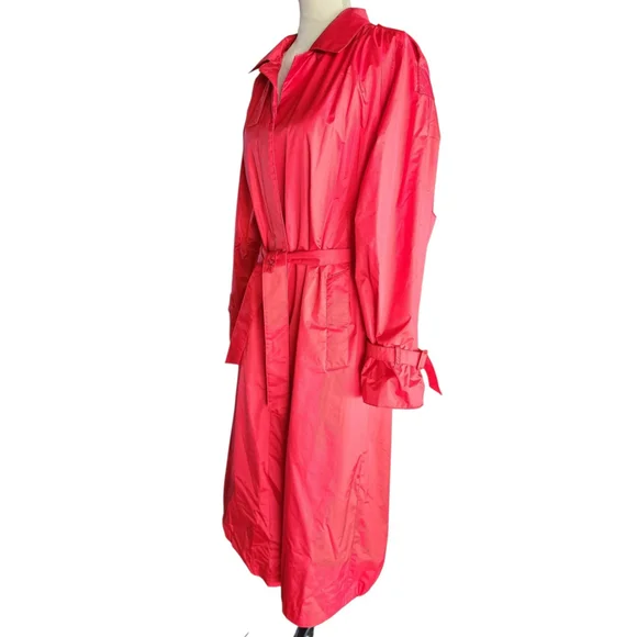 Vintage 80s Paris Sport Club Red Belted Long Nylon Trench Coat Women's 7/8 M - Picture 10 of 16